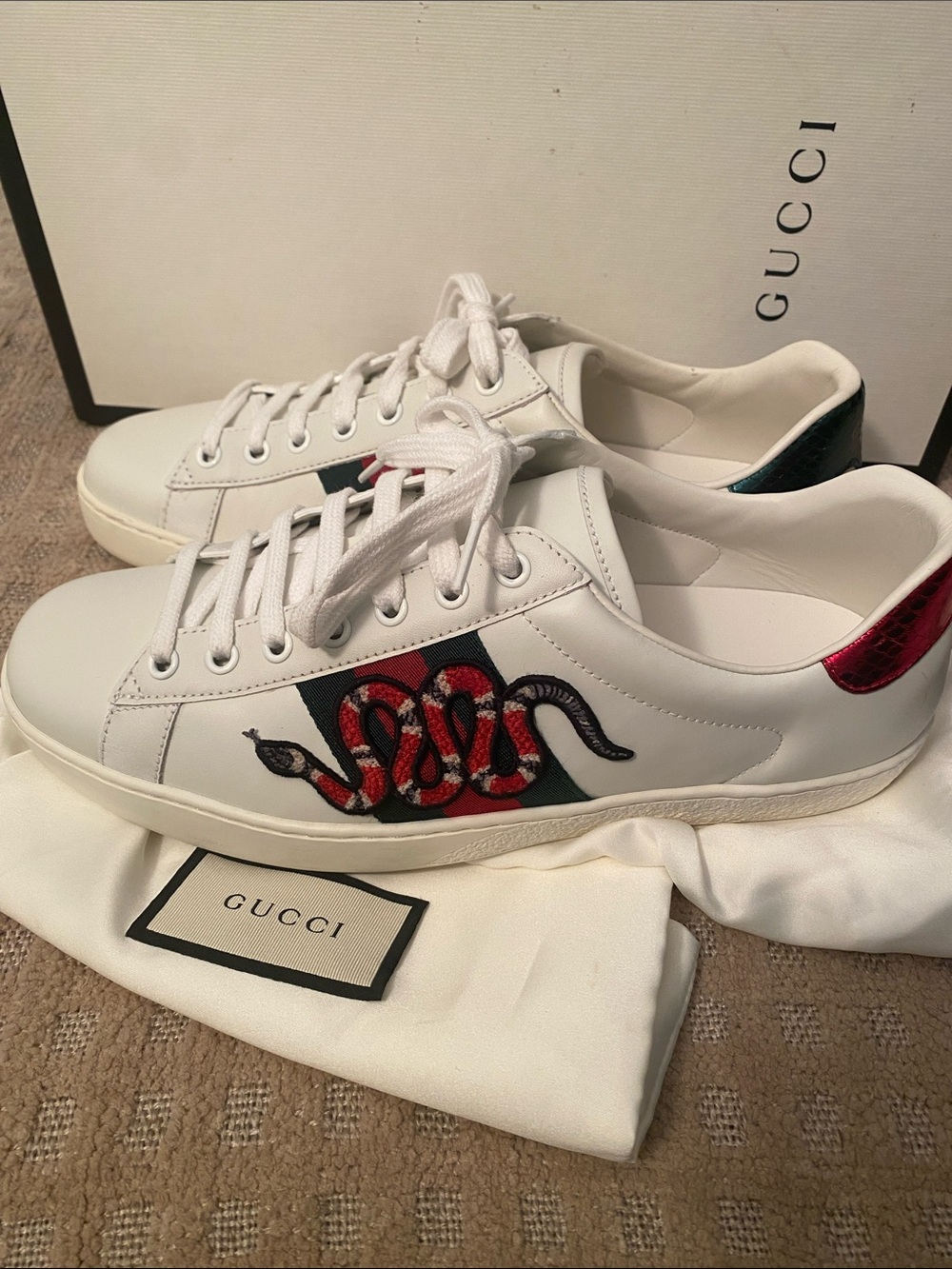 Gucci White Leather Sneakers with Red & Black Snake Embroidery